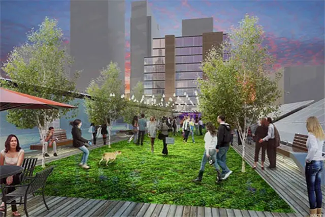 Rendering of what a rooftop deck and green space at Macy's Herald Square could look like